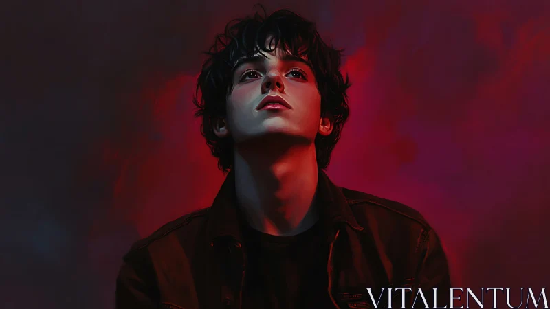 Brooding youth in crimson backlight, contemplative portrait.