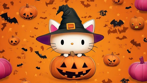 Cat in Witch Hat on Jack-o'-Lantern Against Orange Background.