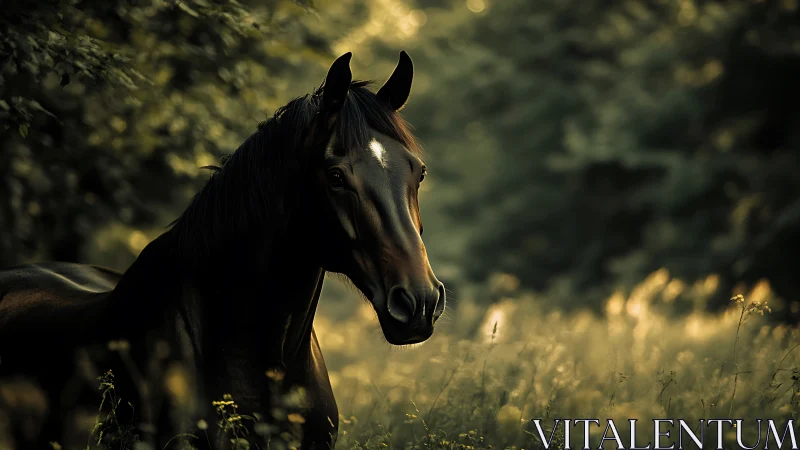 Photorealistic equine portrait in shallow forest light.
