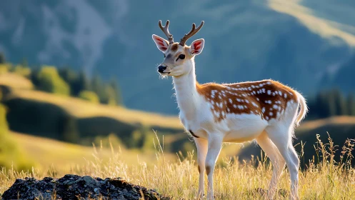 Young spotted deer standing in bright mountain grassland.