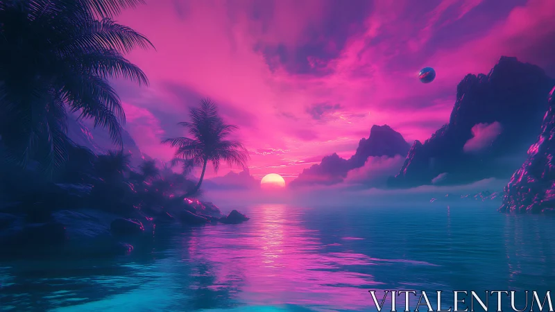 Neon lit tropical coastline under vivid magenta sunset sky