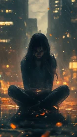 Solitary figure seated in wet urban street at night.