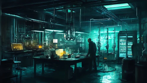 Midnight scientist in a neon-lit futuristic lab scene.
