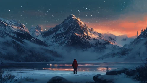 Lone figure studies frozen lake under glowing alpine dusk sky