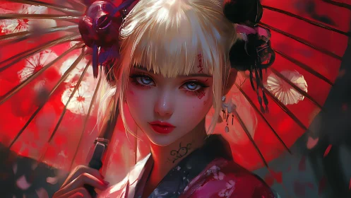 Blonde geisha gaze beneath a glowing crimson umbrella.