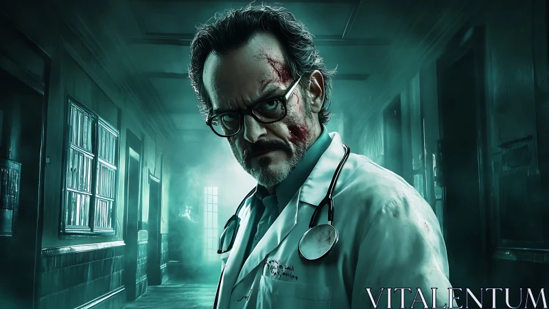 Bloodied doctor in eerie teal hospital corridor scene.