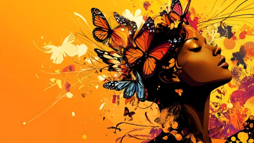 Woman in orange butterfly explosion portrait on bright background.