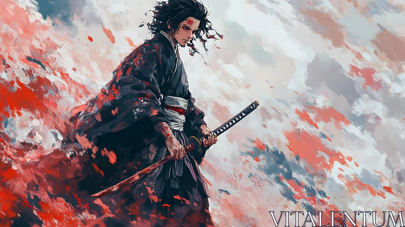 Battle-worn samurai strides through abstract red storm field.