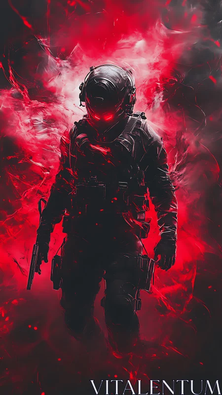 Armored cyber-soldier advances through volatile red energy field