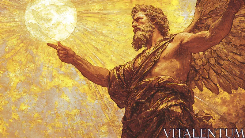Winged celestial figure commands radiant golden sun.