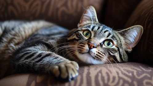 Tabby Cat Lounging on Couch with Upward Gaze