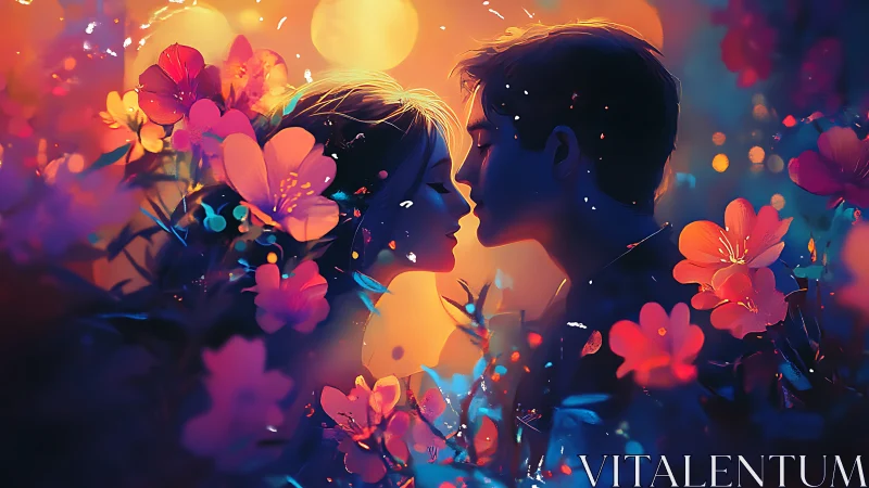 Two Souls Finding Connection Among Glowing Flowers.