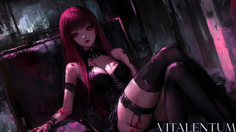 Dark anime gothic portrait in high-contrast digital chiaroscuro.