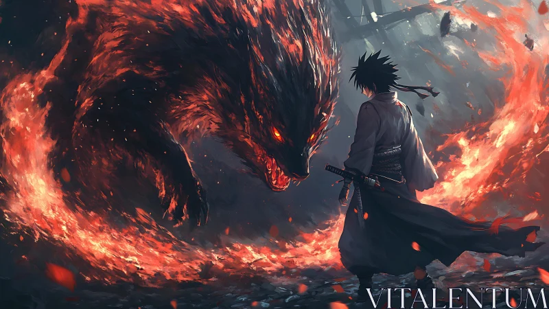 Swordsman confronts massive fiery wolf in burning arena.