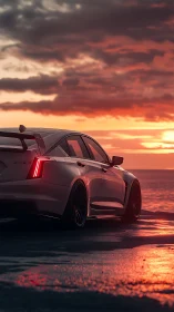Widebody performance sedan at coastal sunset, rear three-quarter