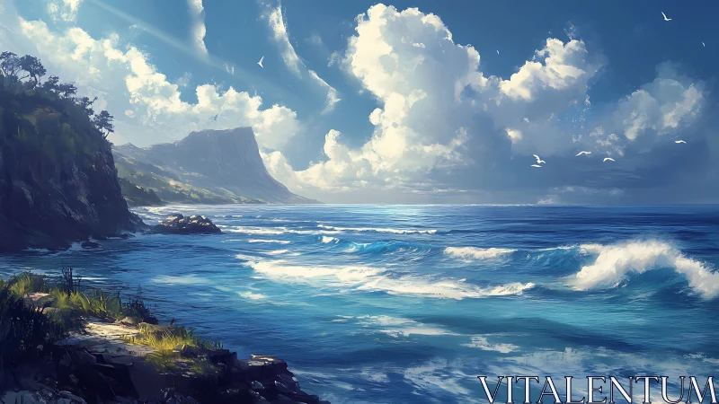 Coastal cliff and rolling ocean waves under broad sky.