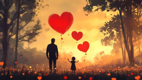 Silhouetted Father Child Heart Balloons Sunset Forest Atmospheric.