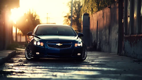 Low-angle urban portrait isolates a dark sedan in sunset backlight