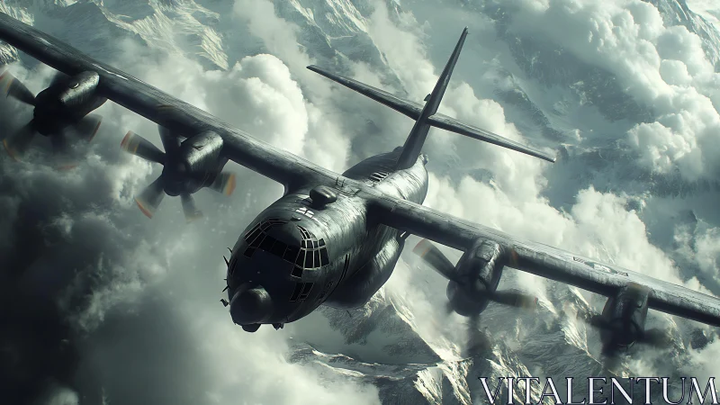Military transport aircraft cutting through storm clouds.