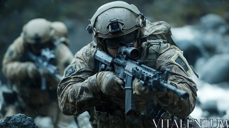 Special forces operator advances under cold mountain rain.