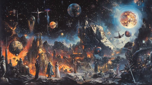 Crowded cosmic city where stargazers share a burning sky.