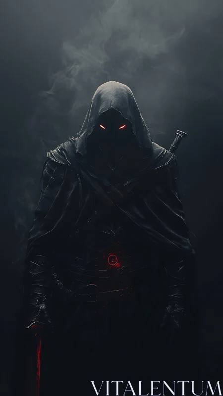 Dark hooded warrior stands in smoke with glowing red eyes.