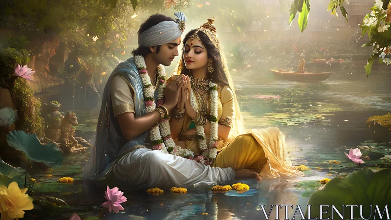 Riverlit devotion between lotus lovers in golden hush.