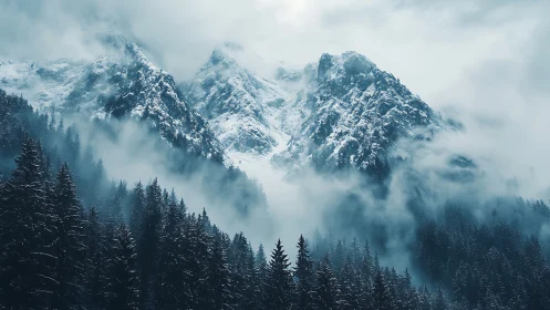 Snow-laden alpine peaks emerge through dense atmospheric fog