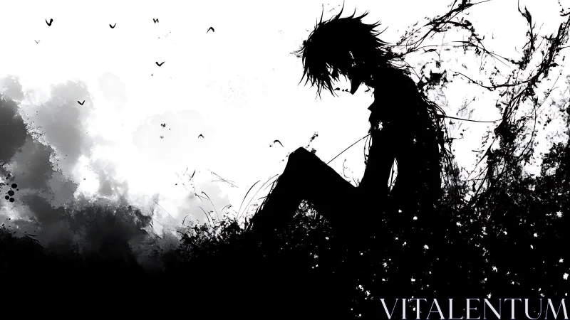 Solitary anime silhouette dissolves into abstract black foliage