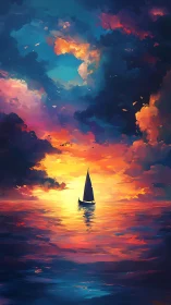 Lone sailboat glides into a radiant, dreamlike sunset seascape.