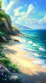 Sunlit coastal path where gentle waves meet golden sand.