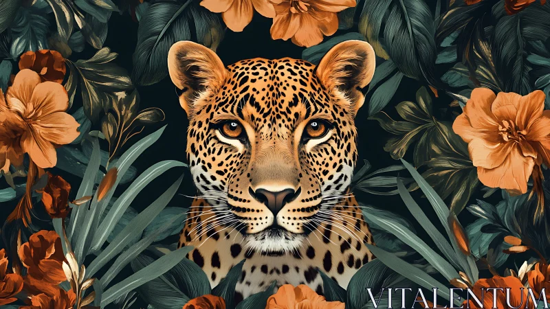 Leopard calm and curious amid lush midnight blossoms.