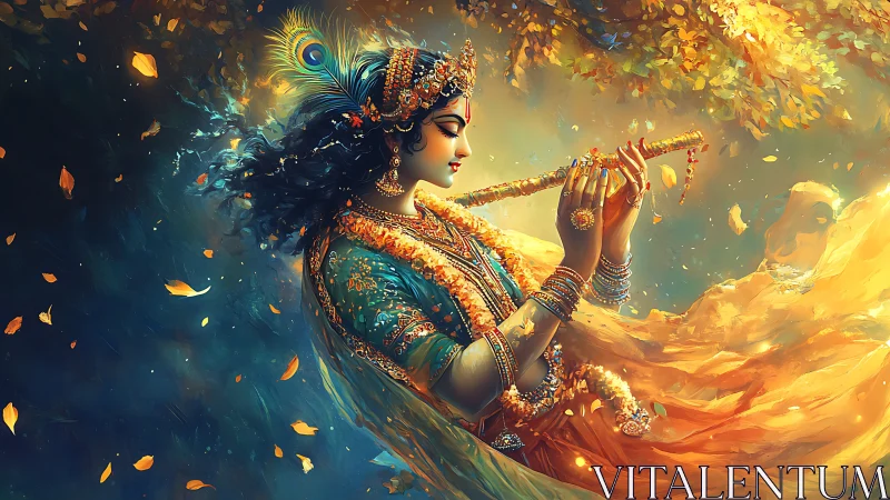 Golden dusk melody with graceful flute and swirling leaves.