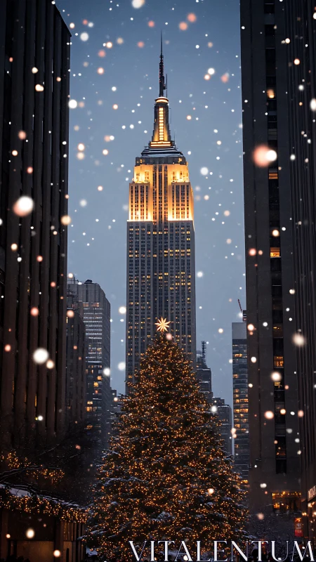 Empire State Building framed by festive lit Christmas tree.