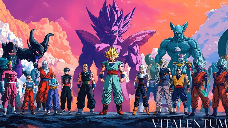 Anime warriors lineup under vivid sunset sky panorama.