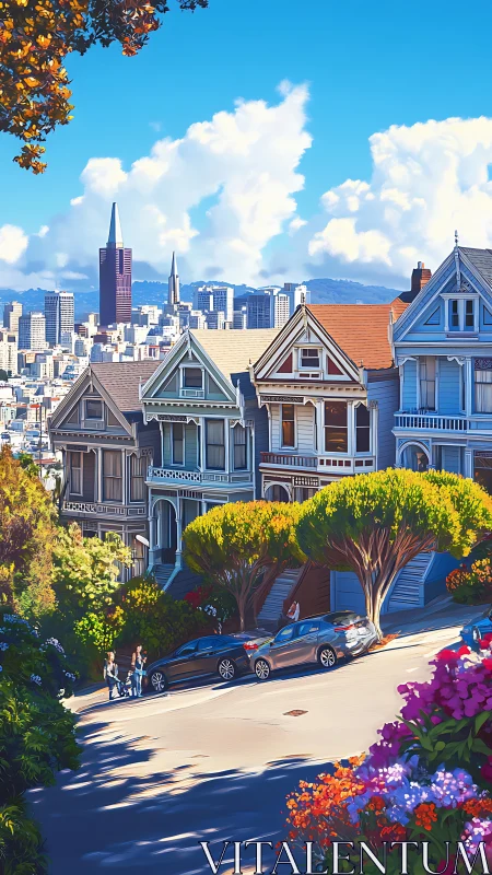 Painted Lady houses glow above a bright San Francisco skyline