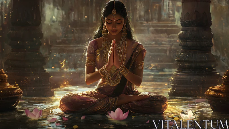 Meditative woman in temple pool under volumetric golden light