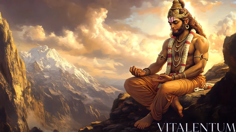 Divine monkey sage meditates over sunlit Himalayan peaks.
