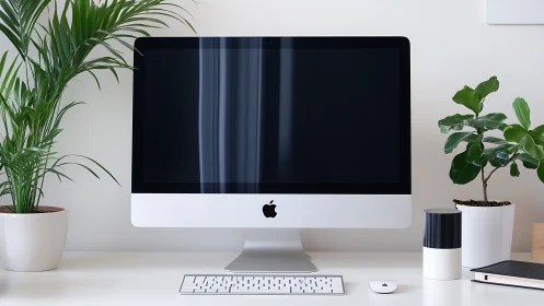 Minimalist desktop workspace pairs iMac with lush greenery.