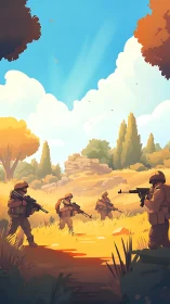 Cartoon military fireteam patrolling sunlit rural valley field