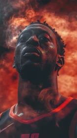 Sweat-lit basketball portrait in cinematic smokey glow.