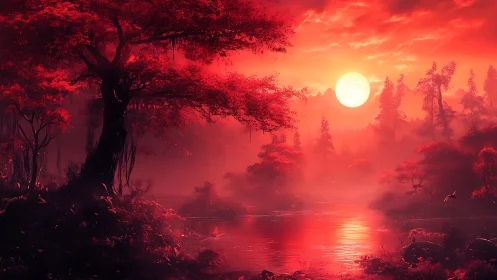 Glowing crimson forest river at sunset welcoming quiet wonder.