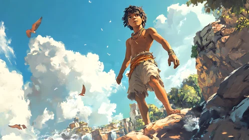 Clifftop youth surveying coastal skybound ecosystem panorama.