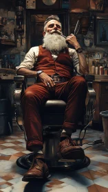 Bearded barber seated in vintage shop interior, holding razor.