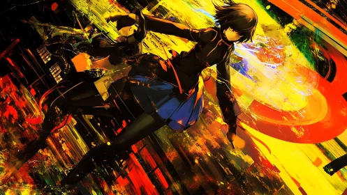 Kinetic anime combat figure amid saturated abstract vectors.