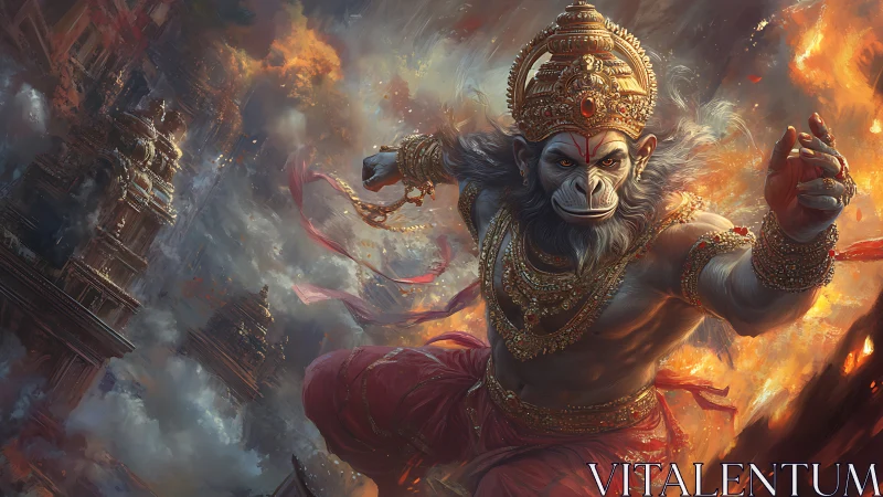 Hanuman warrior leaps through burning temple city storm