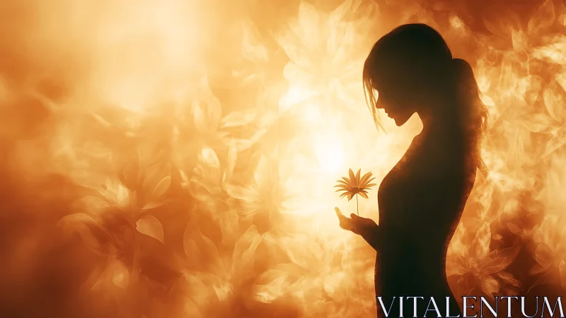 Silhouetted female figure holds single flower in luminous haze