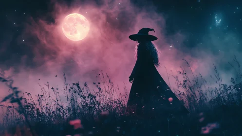 Silhouetted witch under pink moon in foggy night field.