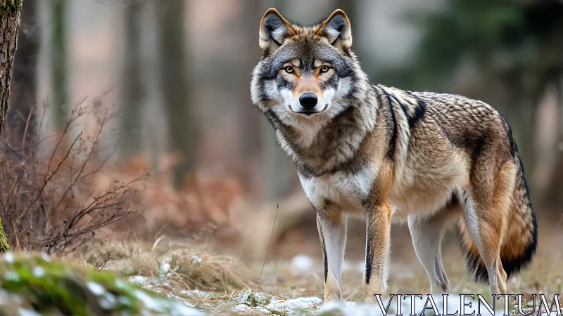 Canis lupus in shallow depth-of-field boreal woodland habitat.