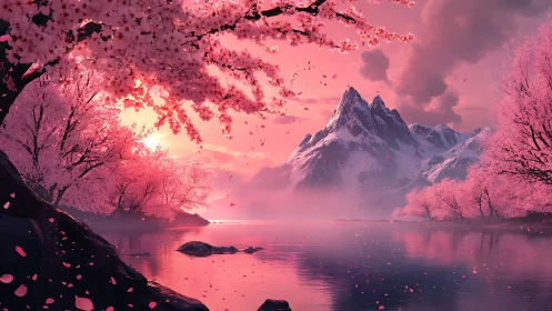 Blossom-soft sunset lake wrapped in rosy mountain light.